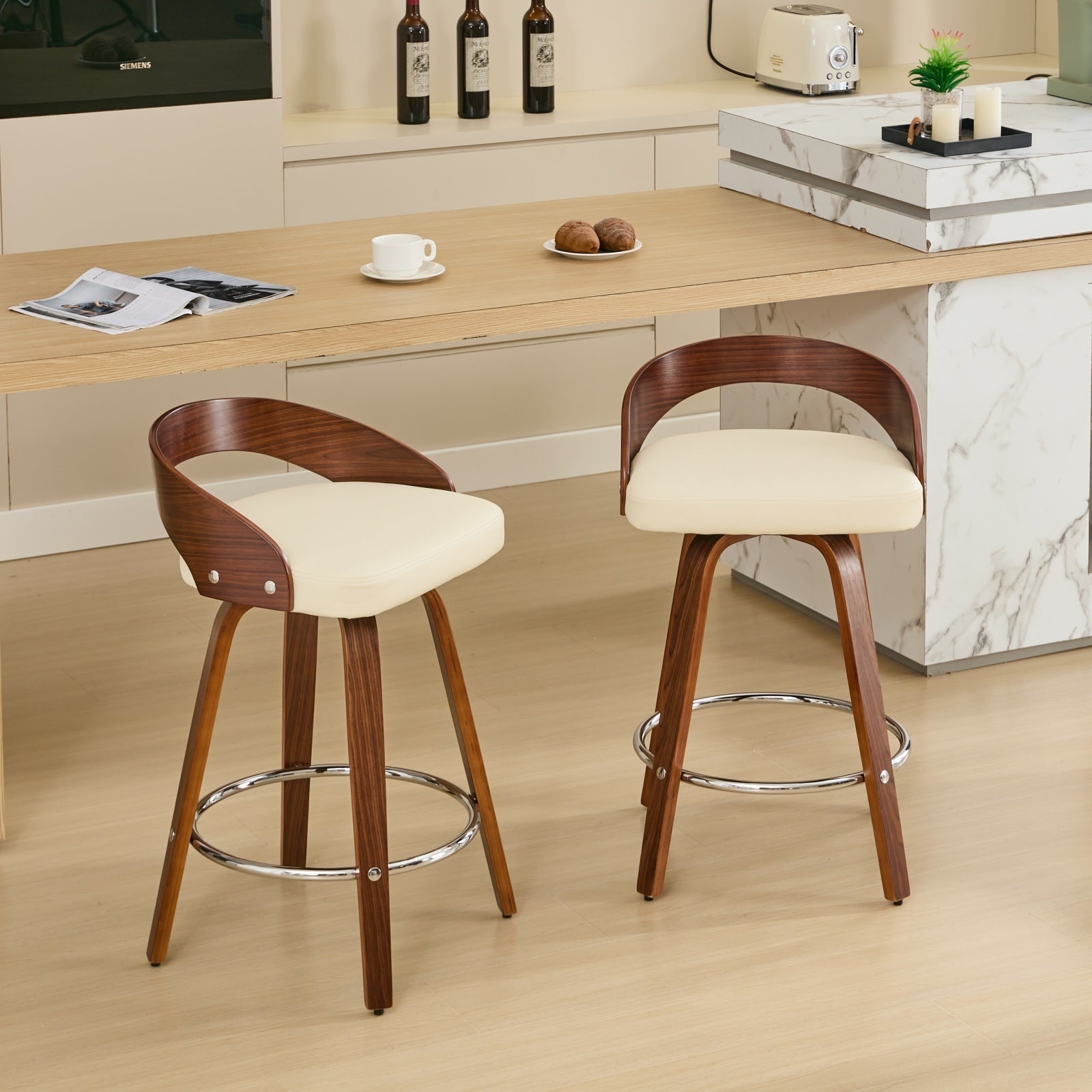 Swivel Counter Stools Set of 2 – Wood Legs, Low Back, Beige