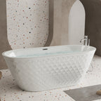 59'' acrylic freestanding bathtub with unique diamond pattern design: spacious oval shape,  Gloss white finish, Chrome overflow and pop-up drain CUPC