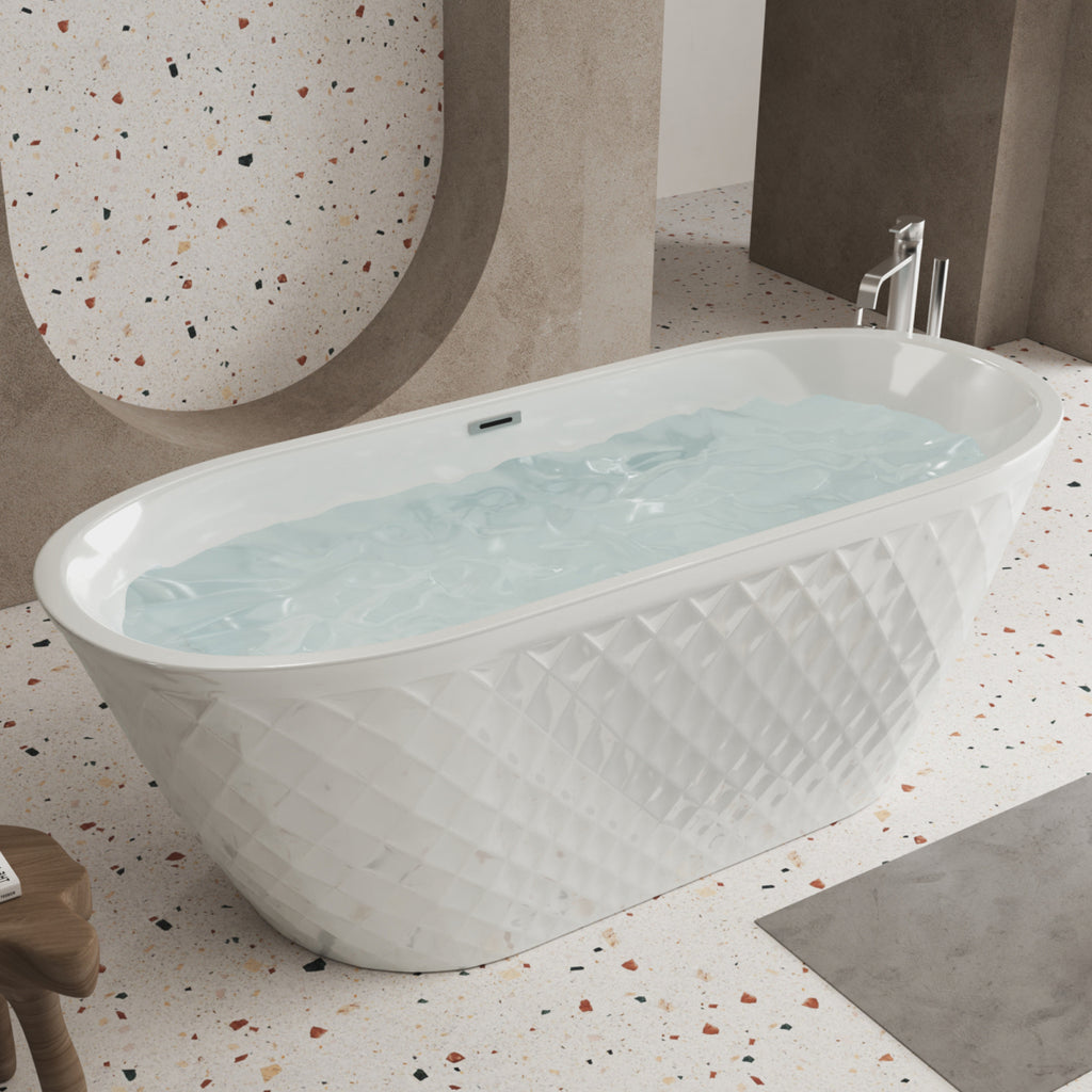 59'' acrylic freestanding bathtub with unique diamond pattern design: spacious oval shape,  Gloss white finish, Chrome overflow and pop-up drain CUPC