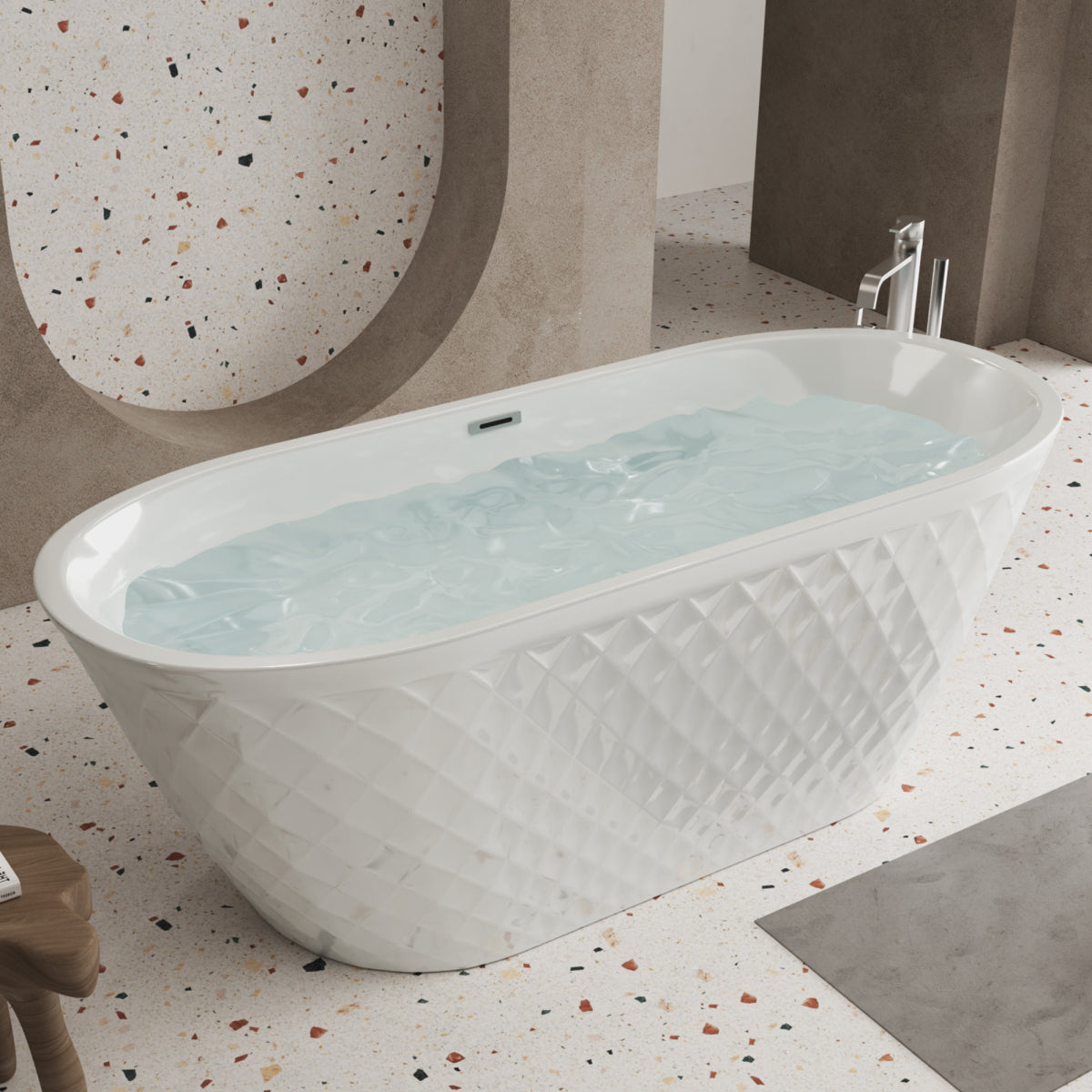 59'' acrylic freestanding bathtub with unique diamond pattern design: spacious oval shape,  Gloss white finish, Chrome overflow and pop-up drain CUPC