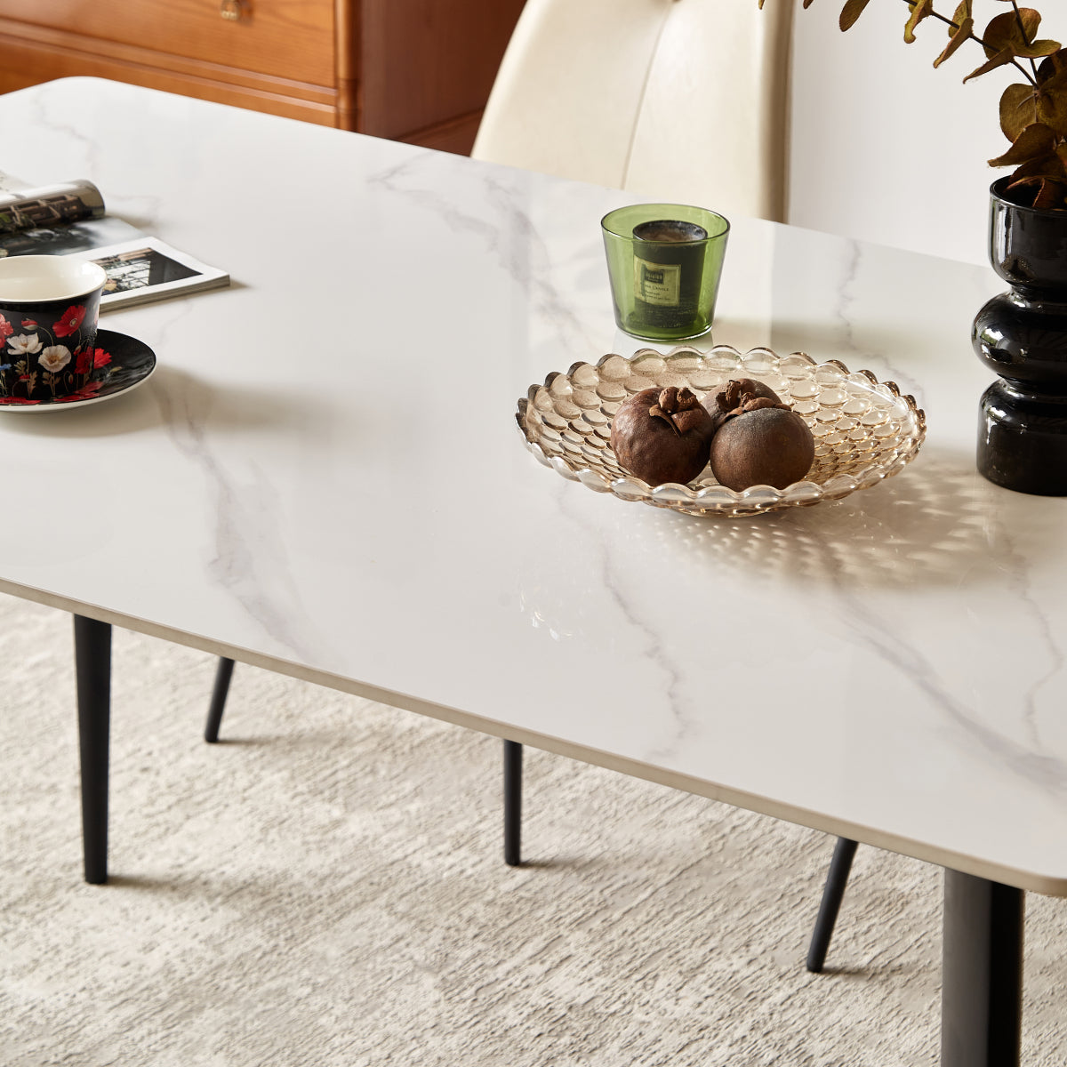 55 Inch White Porcelain Rectangular Dining Table with Metal Legs Mid Century Modern Kitchen Table