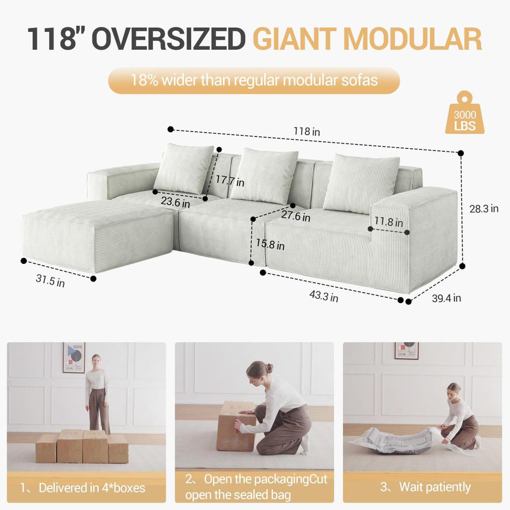 118-inch modular sofa can be converted into an oversized sofa bed Free conversion sofa set flexible configuration, soft corduroy cloud velvet fabric