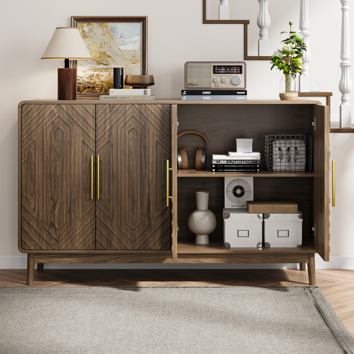 Modern Farmhouse Sideboard Cabinet 4 Door Buffet Storage with Carved Details and Adjustable Shelves