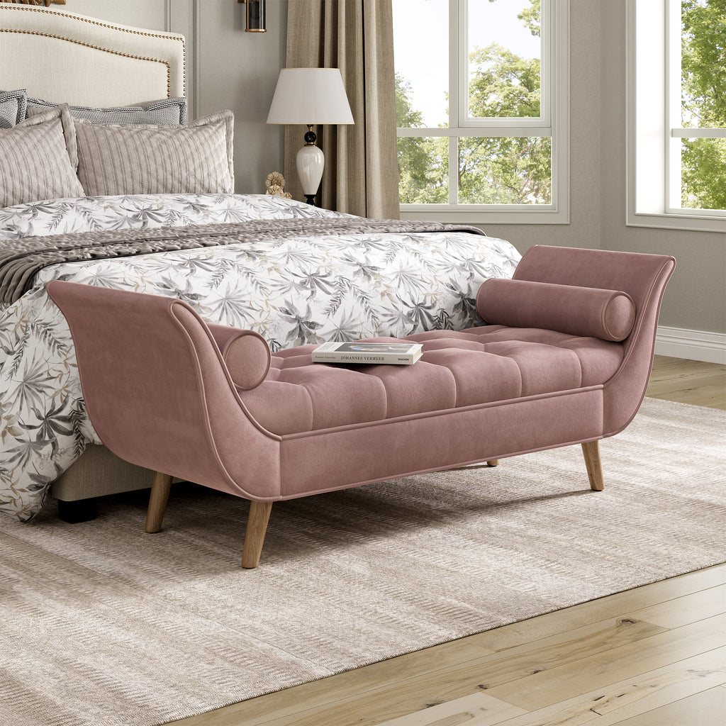 Upholstered Velvet Bench with 2 Pillows in Pink