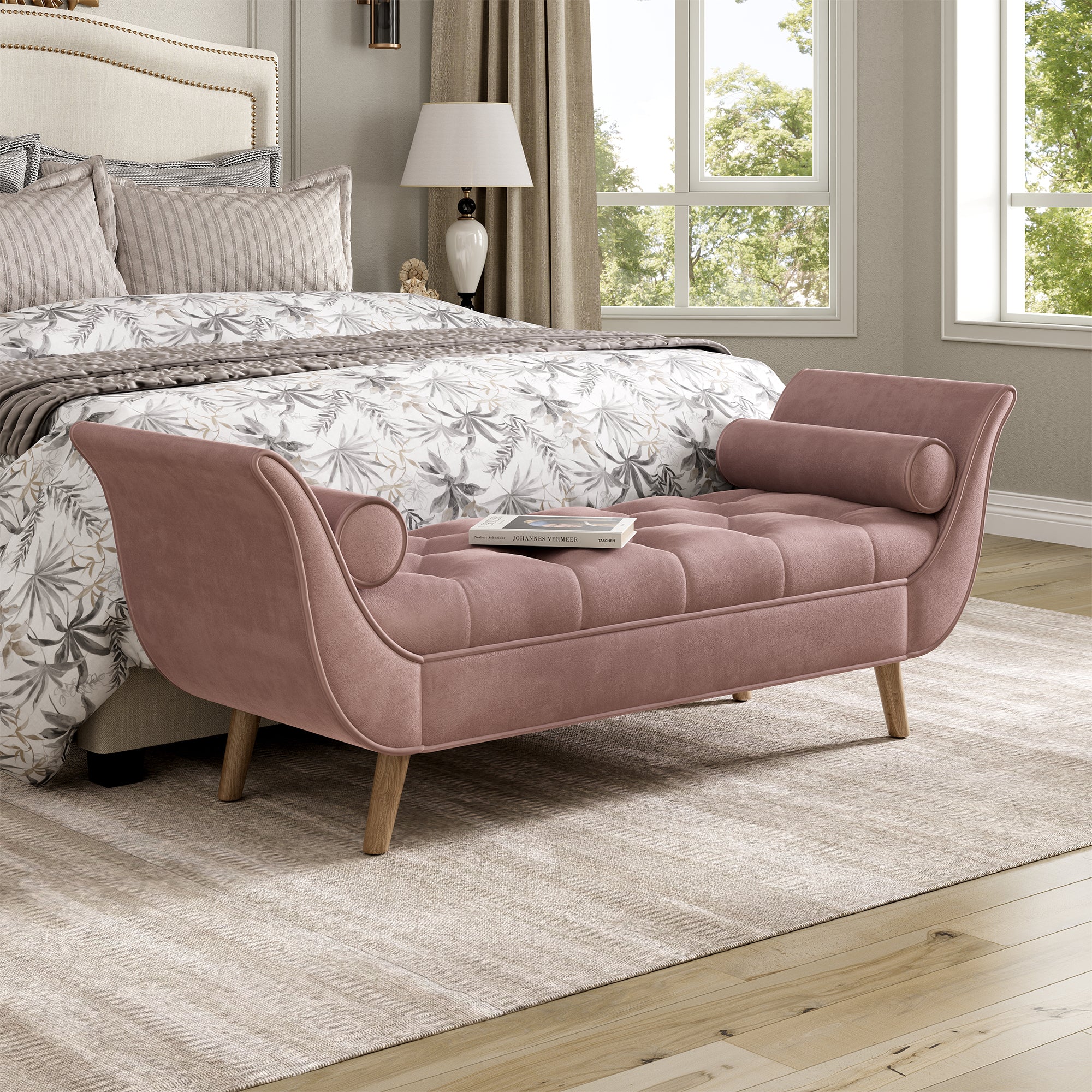 Upholstered Velvet Bench with 2 Pillows in Pink