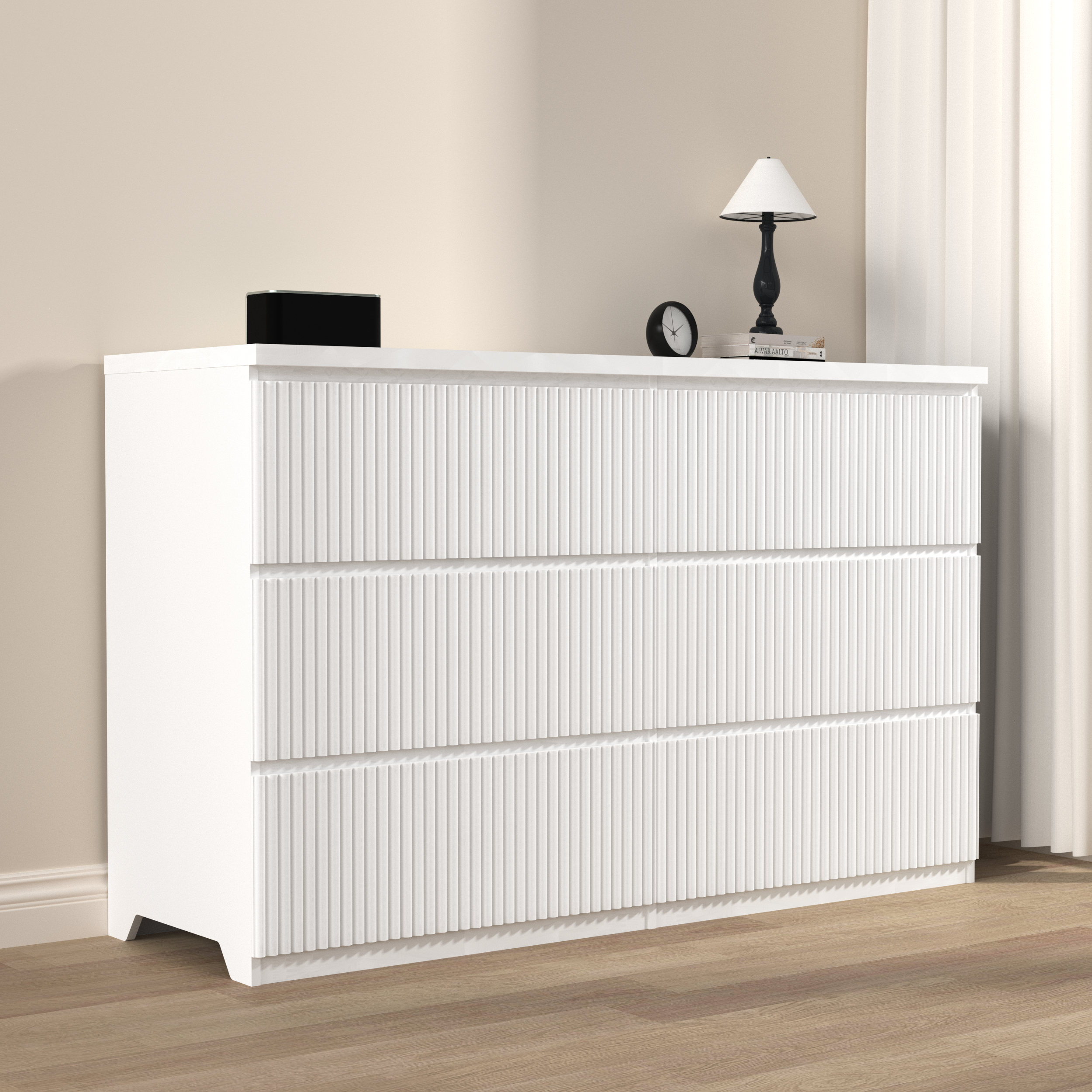 Wave 6-Drawer Dresser – Handle-less, Water-Resistant, White
