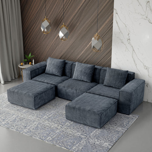 118 Inch Modular Sofa Bed Gray Corduroy Cloud Velvet Fabric With Flexible Configuration And Two Footrests