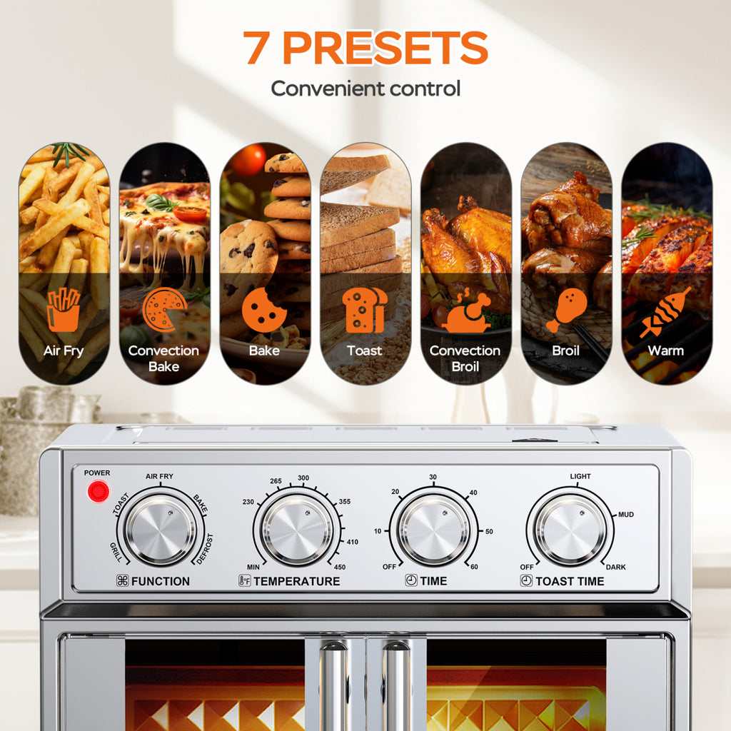 PlumChef 26QT XL French Double Door Air Fryer Convection Oven 1700W 7 Presets 7-in-1 Stainless Steel