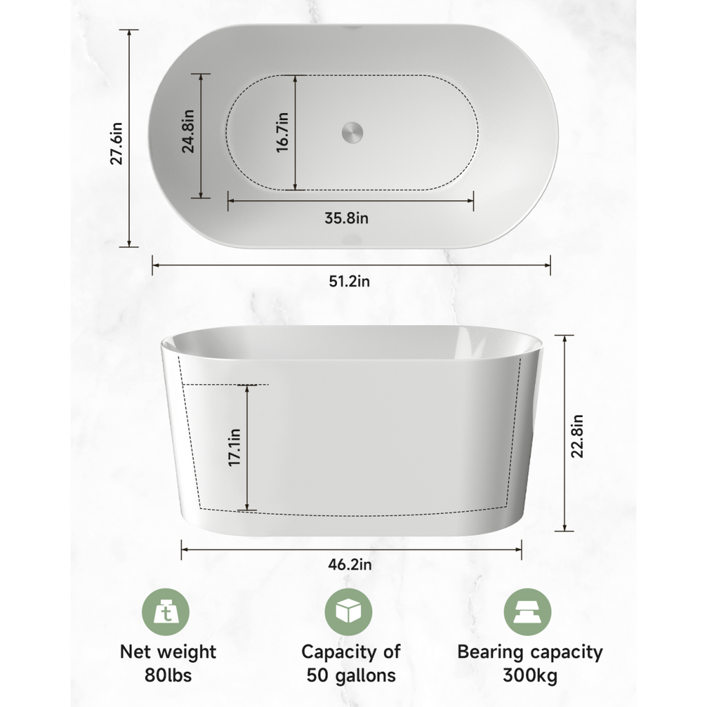 51" Acrylic Freestanding Bathtub-Acrylic Soaking Tubs, White Bathtub, Oval Shape White Freestanding Bathtub With Chrome  Pop Up Drain CUPC Certificate