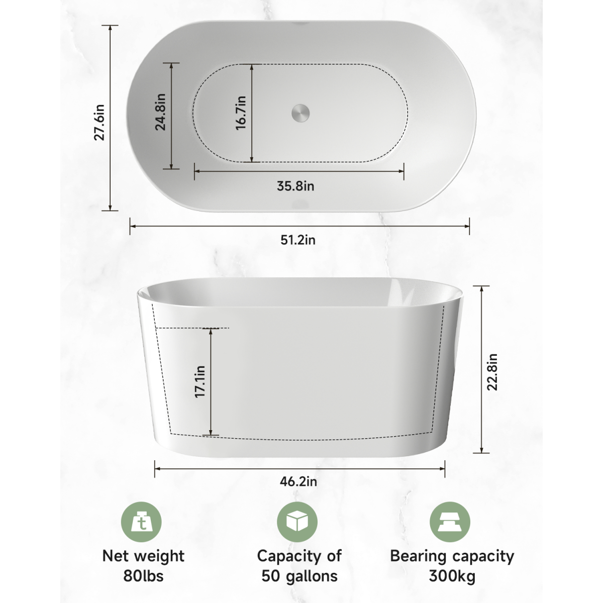 51" Acrylic Freestanding Bathtub-Acrylic Soaking Tubs, White Bathtub, Oval Shape White Freestanding Bathtub With Chrome  Pop Up Drain CUPC Certificate
