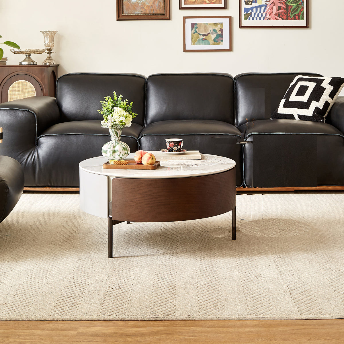 Round Coffee Table with Drawer Ceramic Pattern