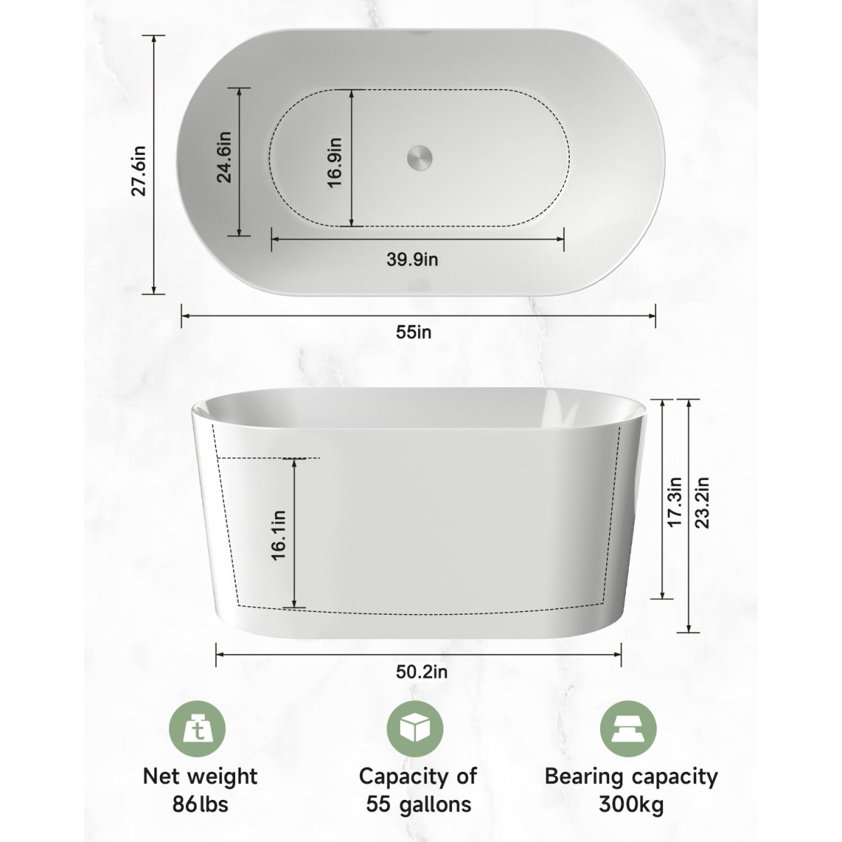 55" Luxury Glossy Soaking Tub