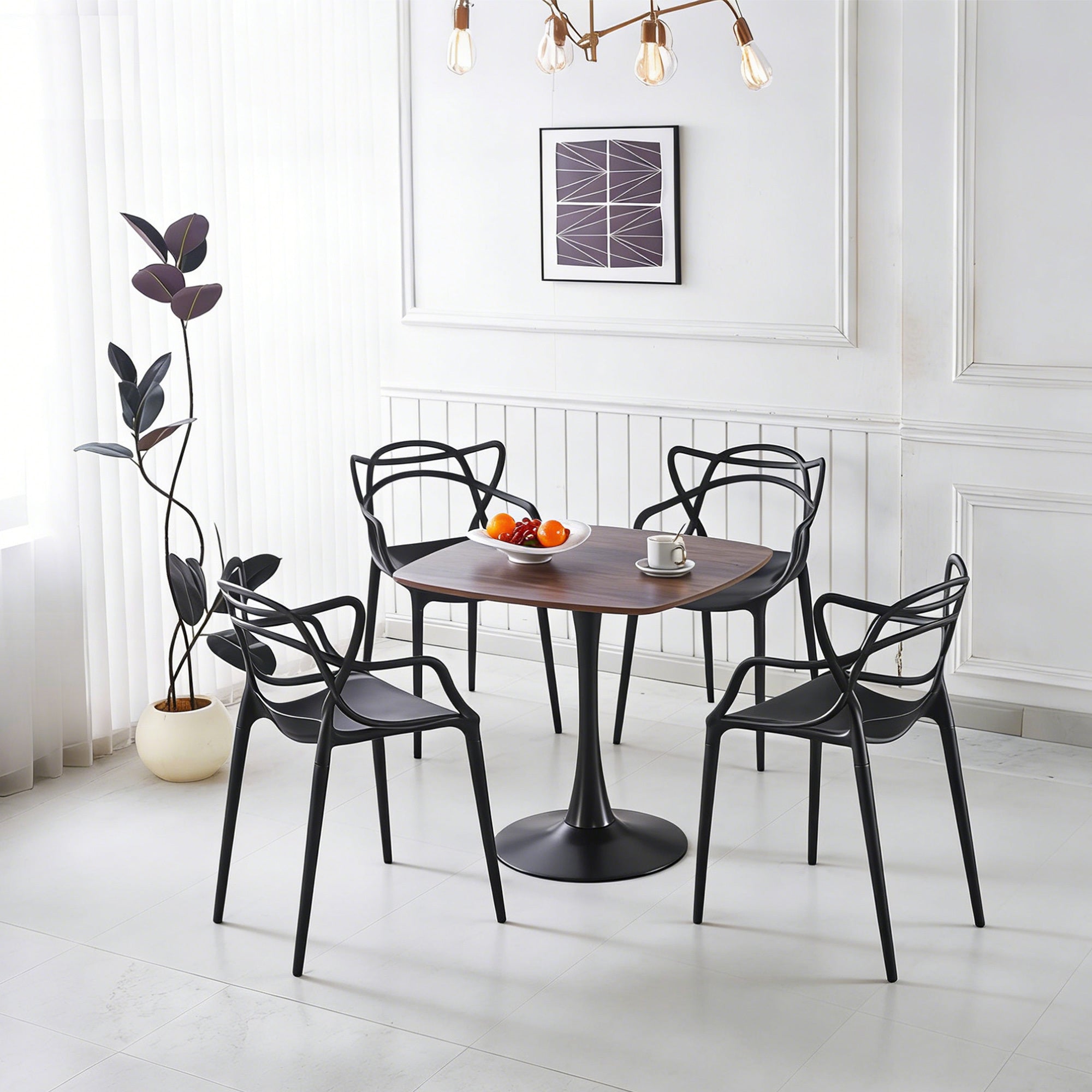 Mid-Century Dining Set for 4–6 - MDF Table Top with Black Metal Legs, 5-Piece