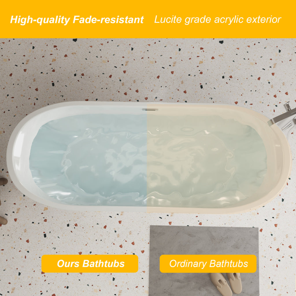 59'' acrylic freestanding bathtub with unique diamond pattern design: spacious oval shape,  Gloss white finish, Chrome overflow and pop-up drain CUPC