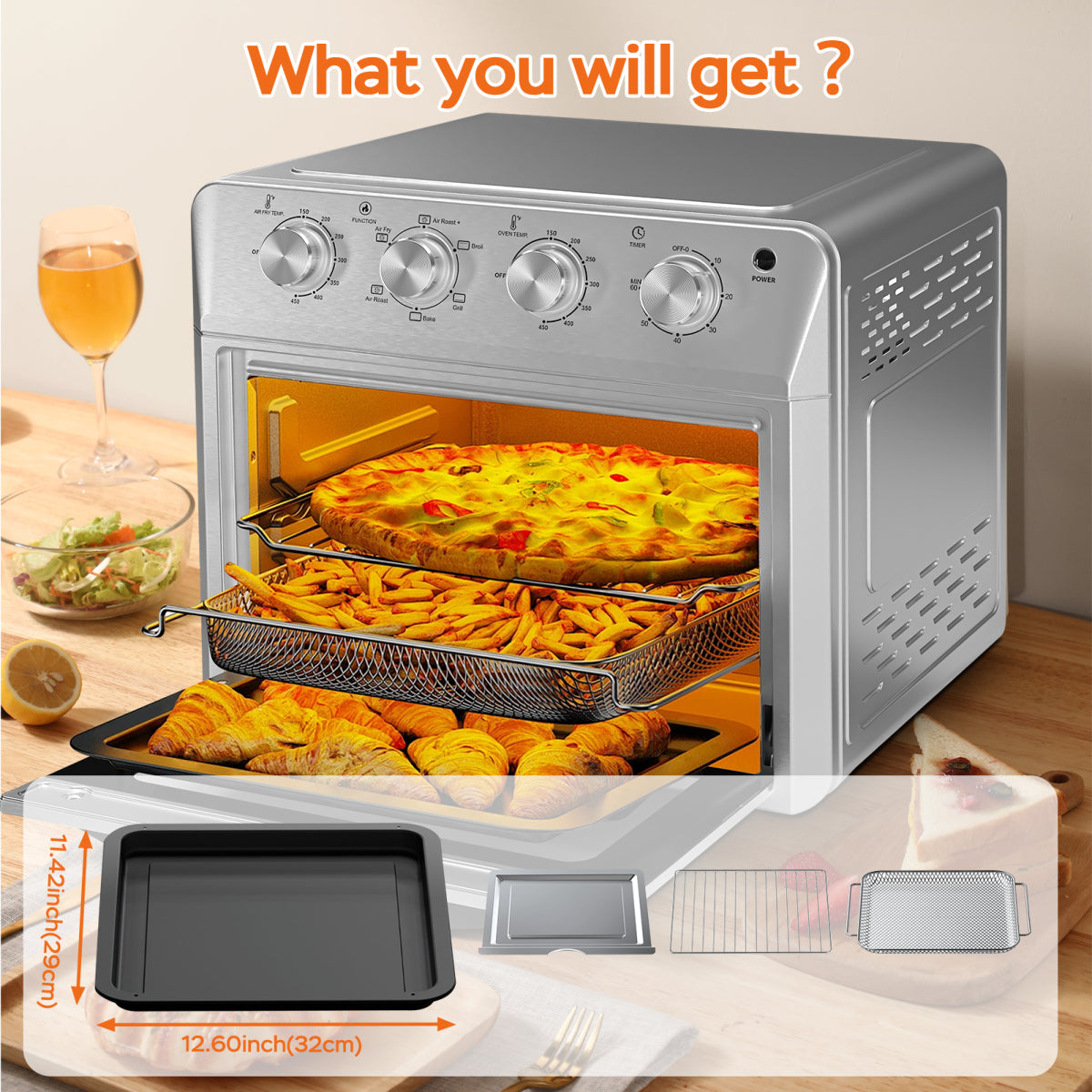 Plum Chef 27.5QT 6-in-1 Air Fryer Oven Countertop 1600W Silver Family Size