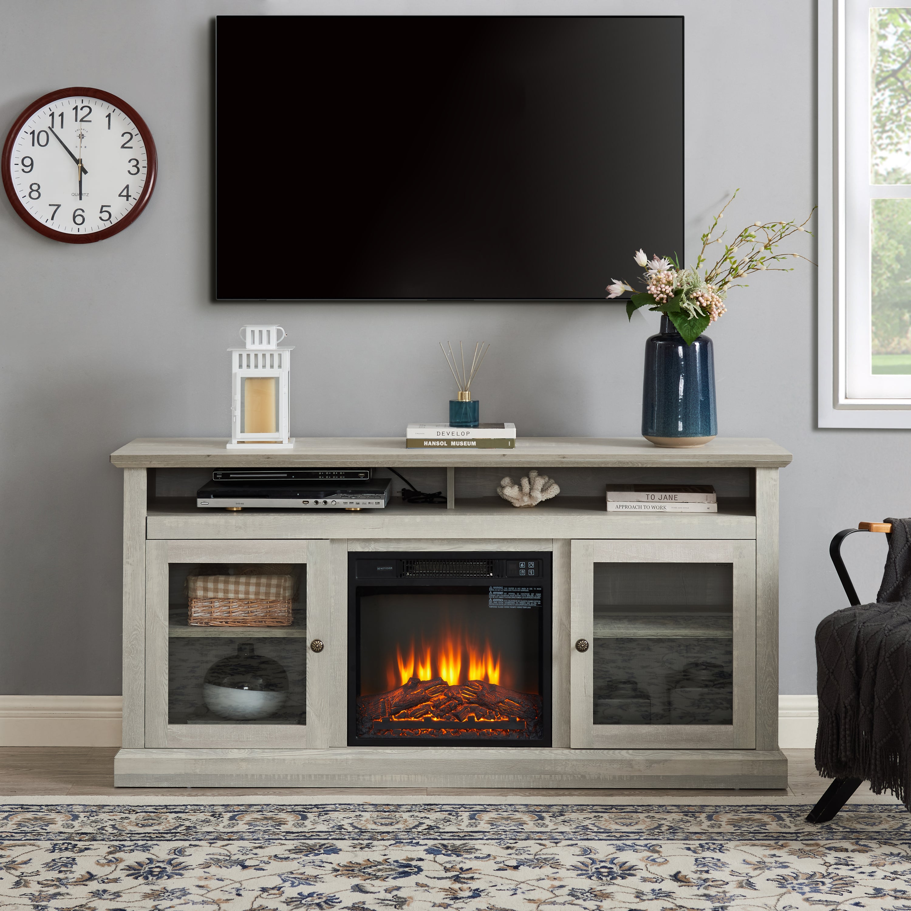 60" Contemporary TV Stand with 18" Electric Fireplace, Glass Doors & Open Storage – Stone Gray