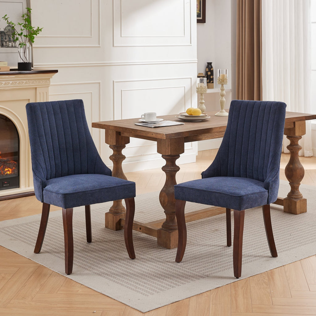 High-Back Dining Chairs Set of 2 – Blue Rayon Flocking Upholstery with Triple Elastic Cushion & Solid Wood Legs