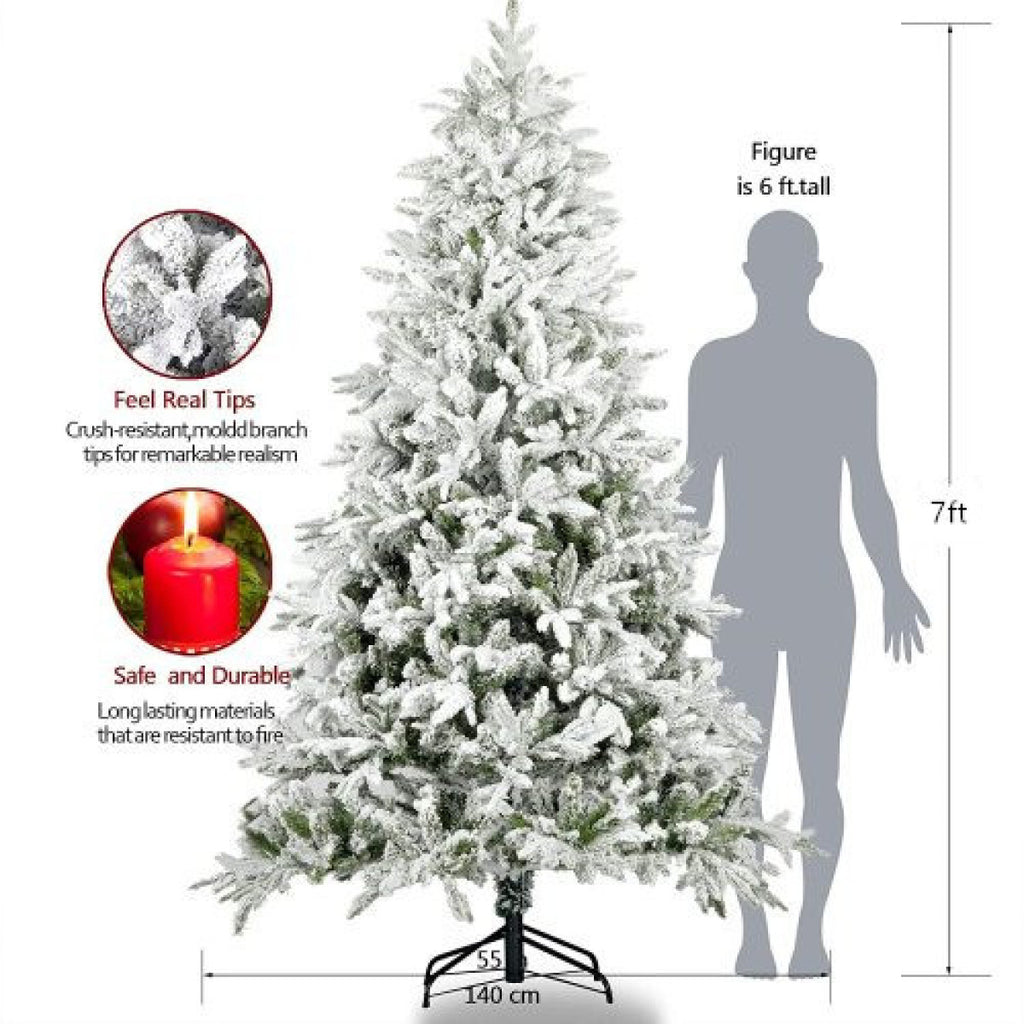 Snow Flocked Christmas Tree 7ft Artificial Hinged Pine Tree with White