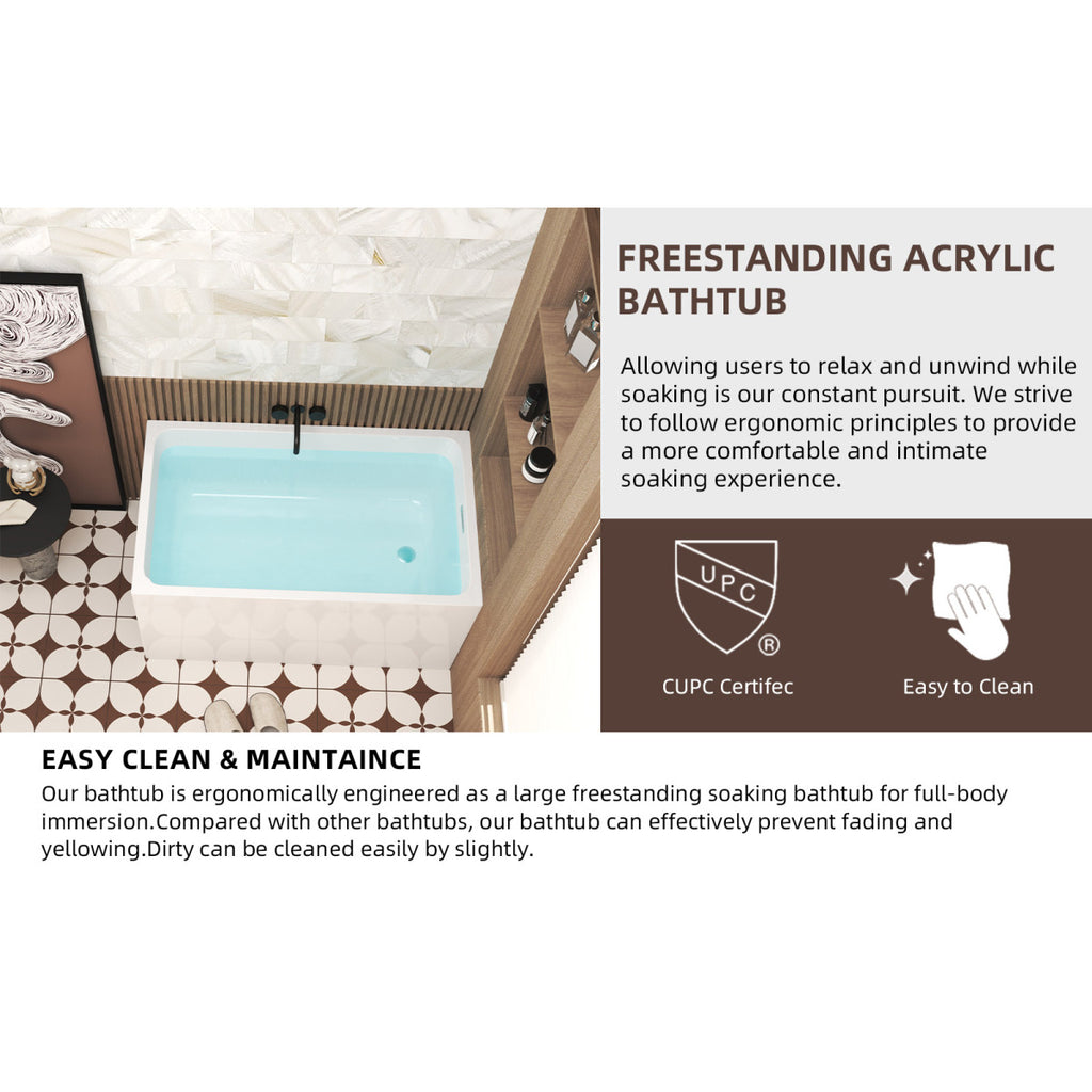 47" Acrylic Freestanding Bathtub ,Spacious rectangle Shape, Gloss White Finish, Chrome Overflow & Pop-Up Drain CUPC Certificate