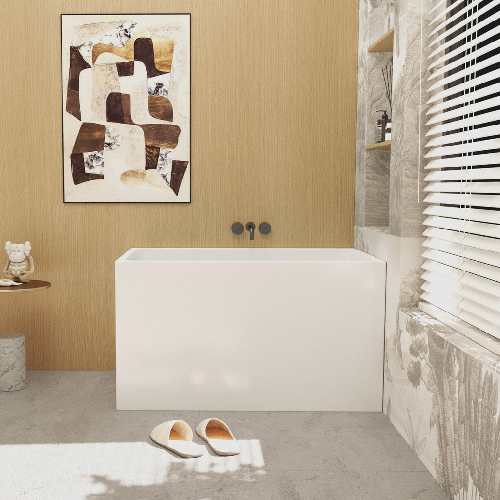 43" Acrylic Freestanding Bathtub with seat: Spacious rectangle Shape, Gloss White Finish, Chrome Overflow & Pop-Up Drain