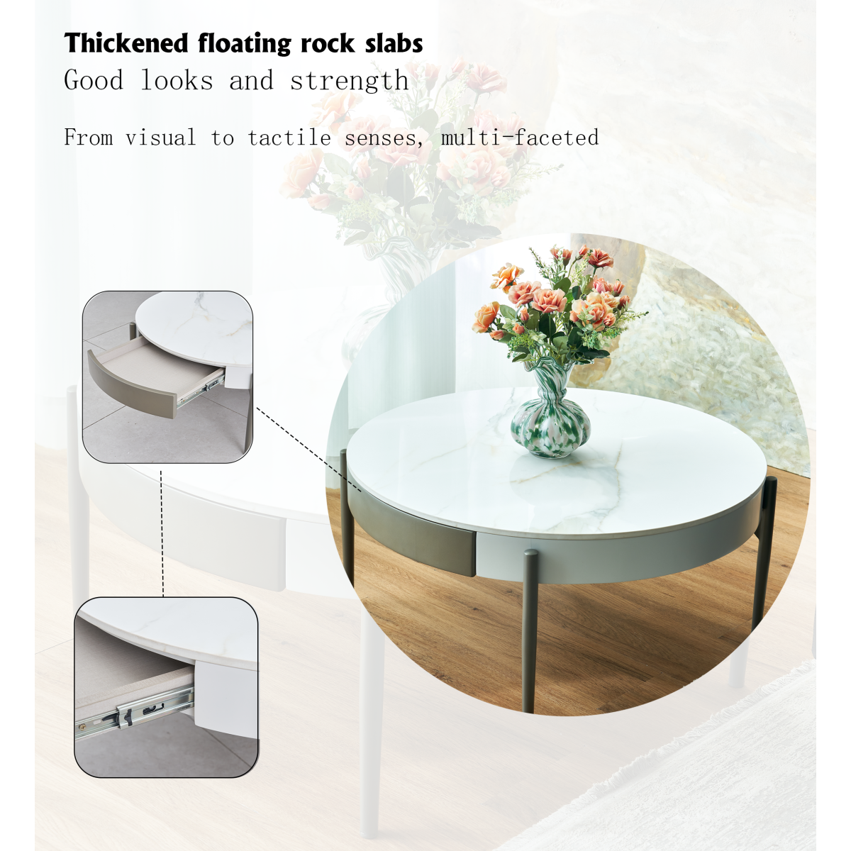 Drum Coffee Table with Ceramic Pattern Top Real Wood Color Drawers and Grey Metal Legs