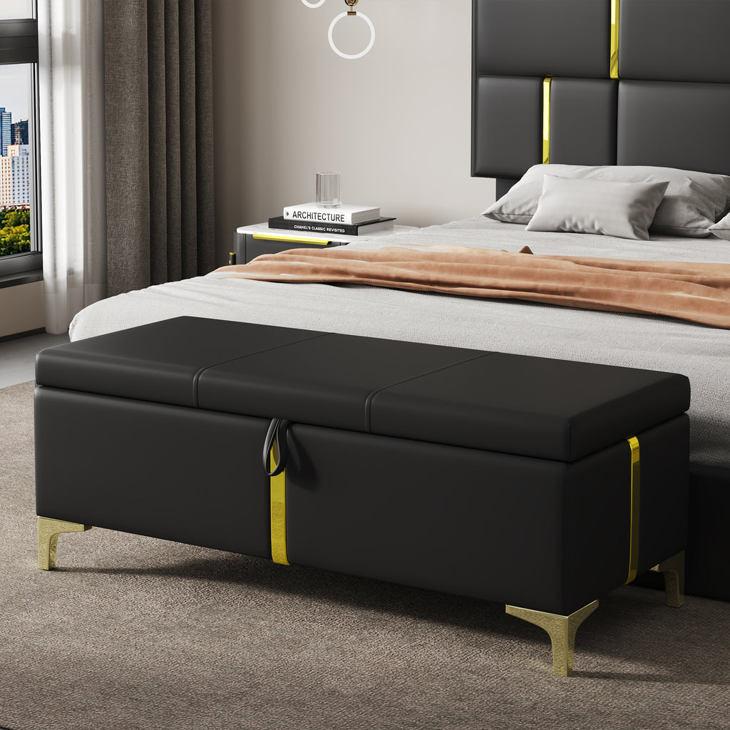 Elegant Upholstered Storage Ottoman in Black PU