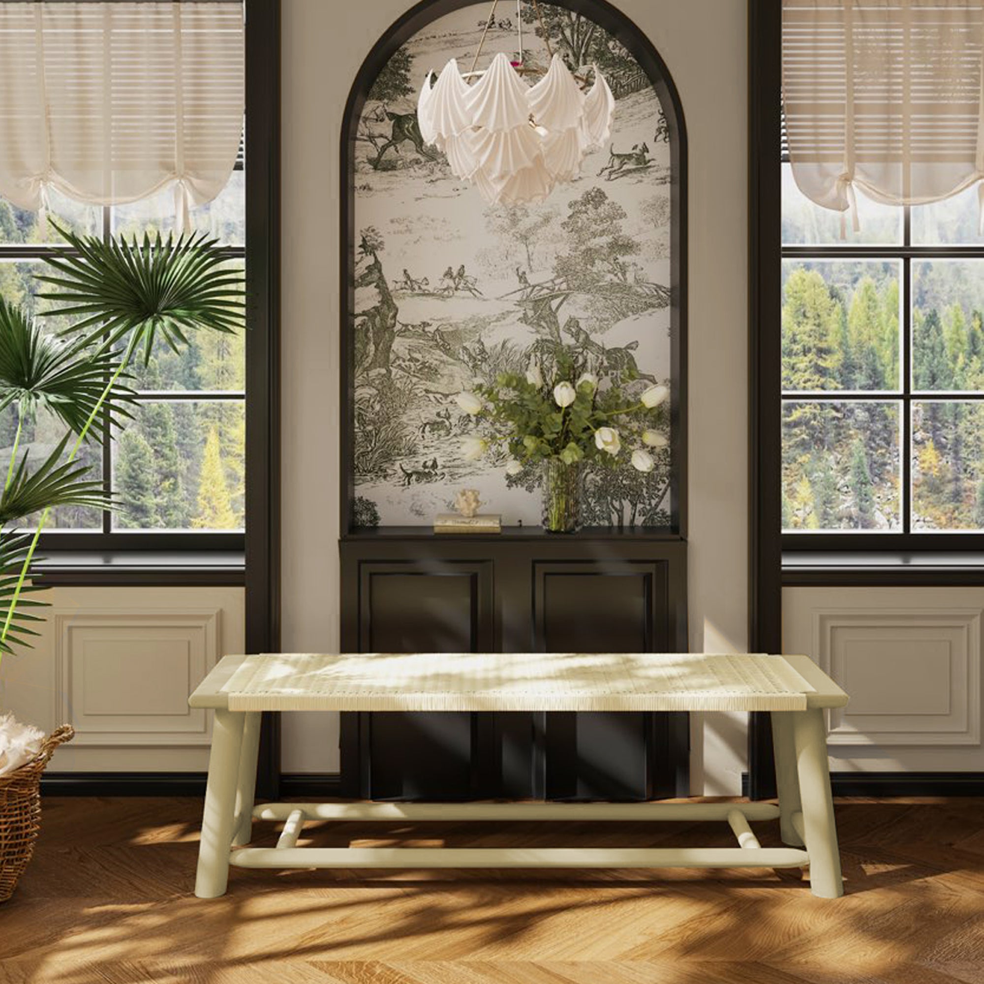 Farmhouse Modern Solid Wood Rattan Bench in Champagne