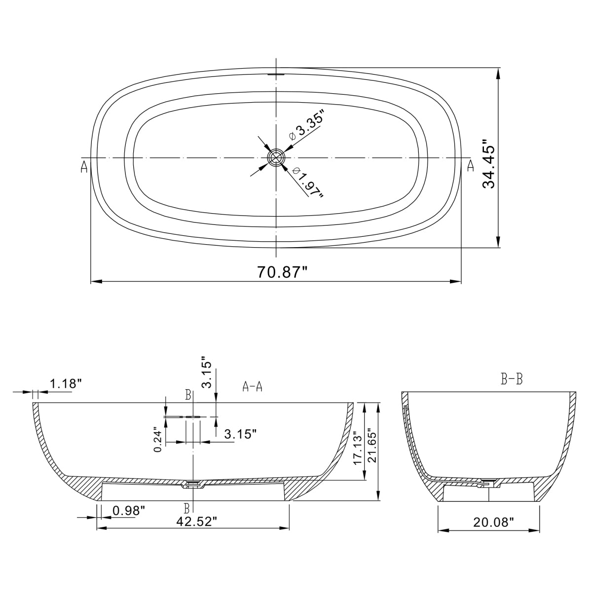 71 inch freestanding solid surface soaking bathtub for bathroom