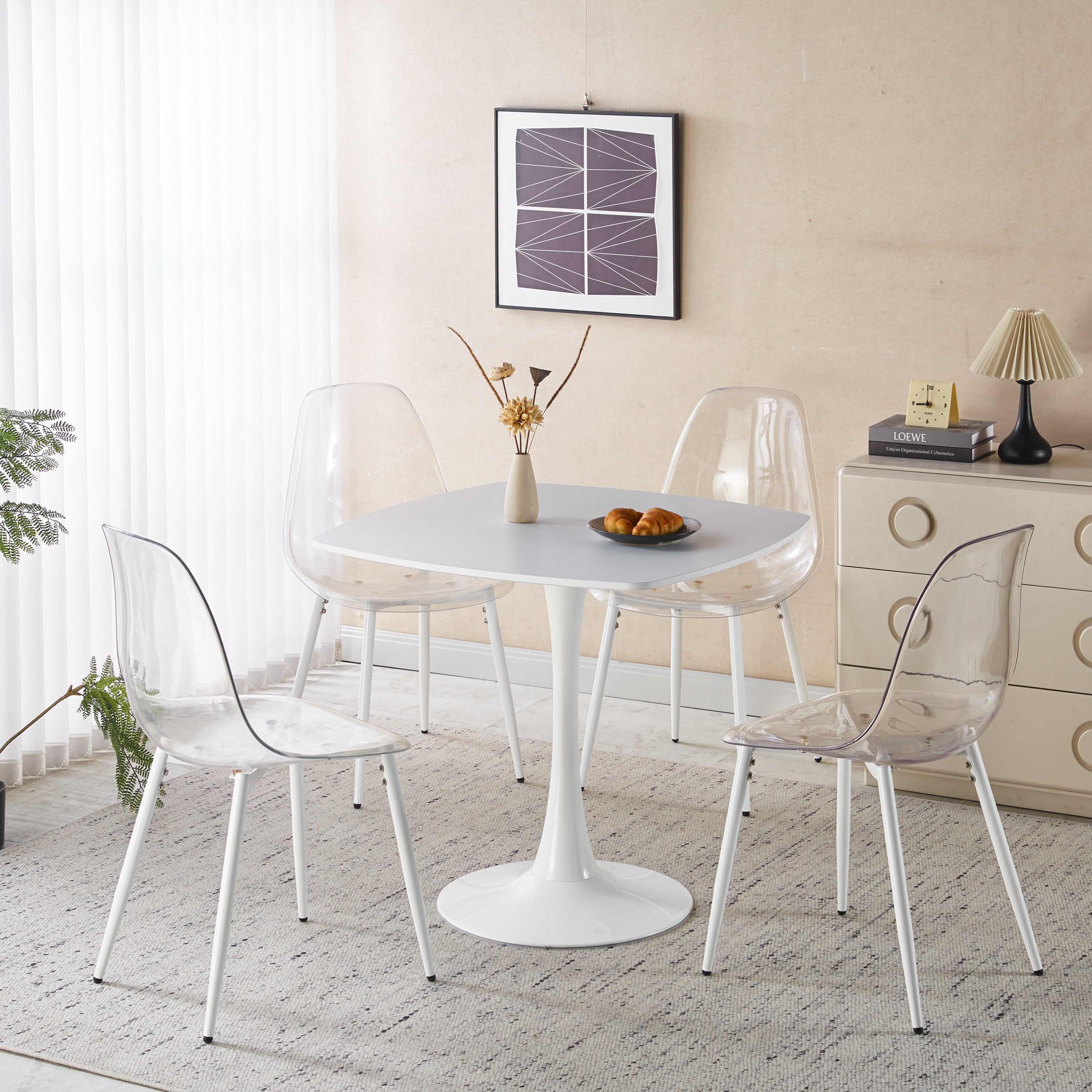 Mid-Century Dining Table Set for 4–6 – MDF Top, Metal Legs & 4 Chairs (5-Piece)