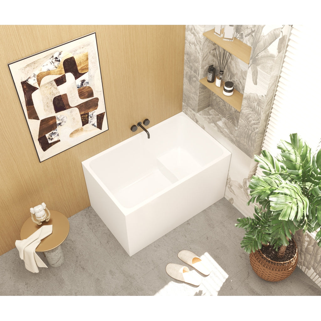 43" Acrylic Freestanding Bathtub with seat: Spacious rectangle Shape, Gloss White Finish, Chrome Overflow & Pop-Up Drain
