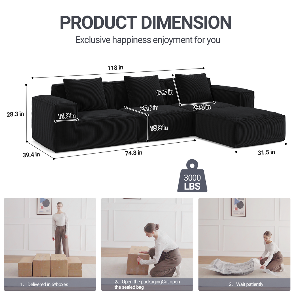 118" Modular Sofa, Convertible to Oversized Sofa Bed