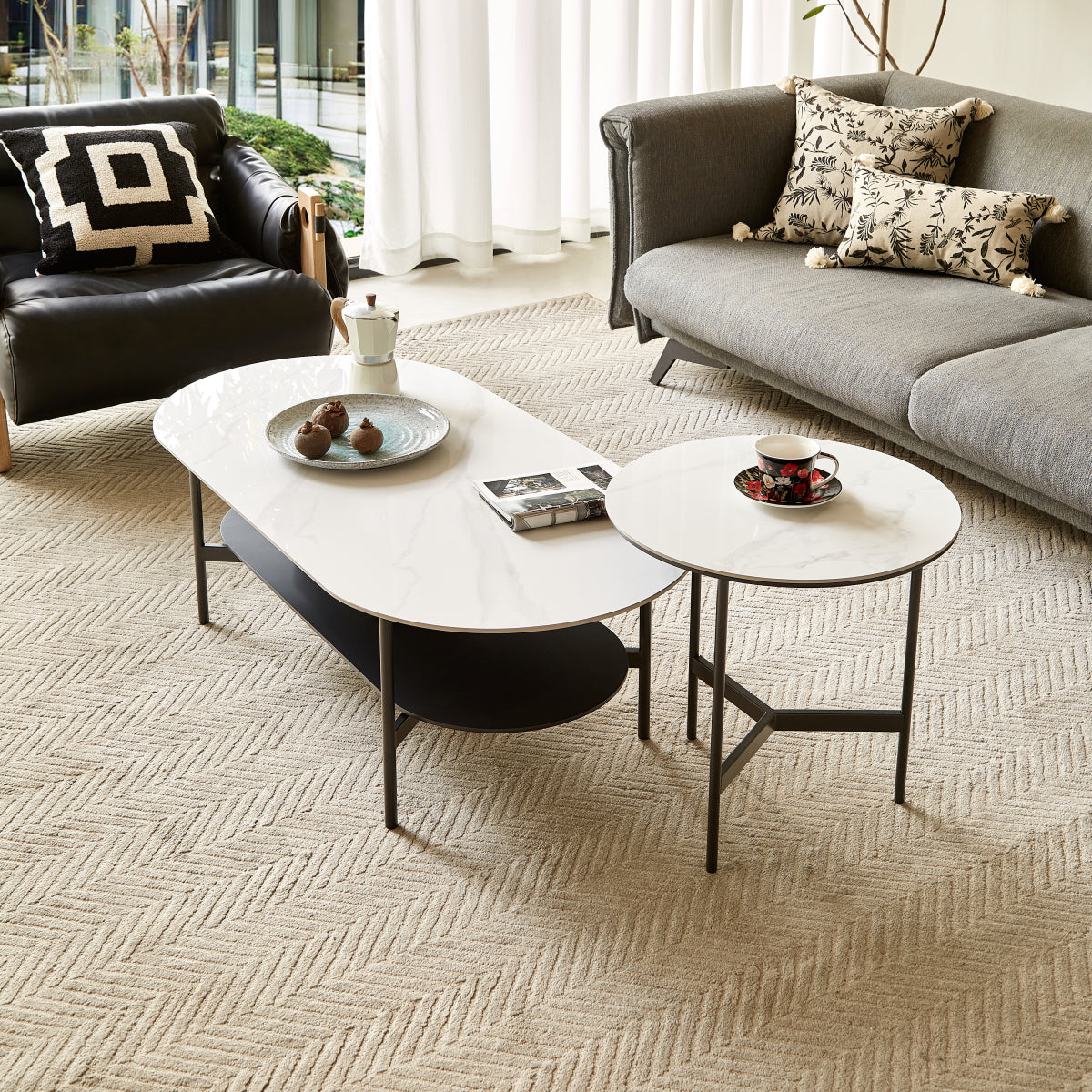 Contemporary Ceramic Coffee Table for Living Room White Glossy Top with Warm Coffee Brown MDF Bottom Shelf Double Layer Functional Design