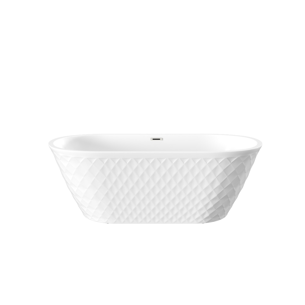 67'' acrylic freestanding bathtub with unique diamond pattern design: spacious oval shape,  Gloss white finish, Chrome overflow and pop-up drain CUPC