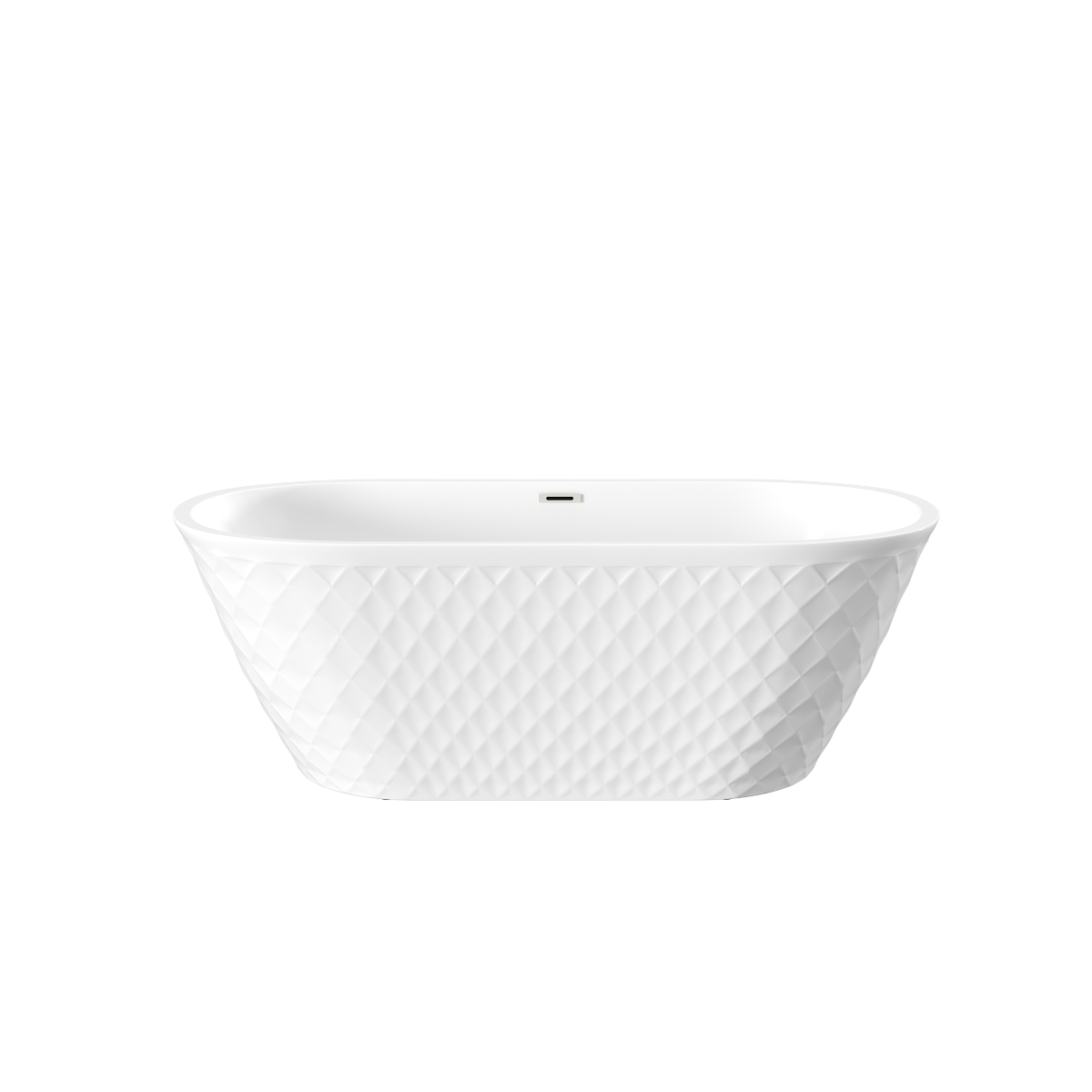 67'' acrylic freestanding bathtub with unique diamond pattern design: spacious oval shape,  Gloss white finish, Chrome overflow and pop-up drain CUPC