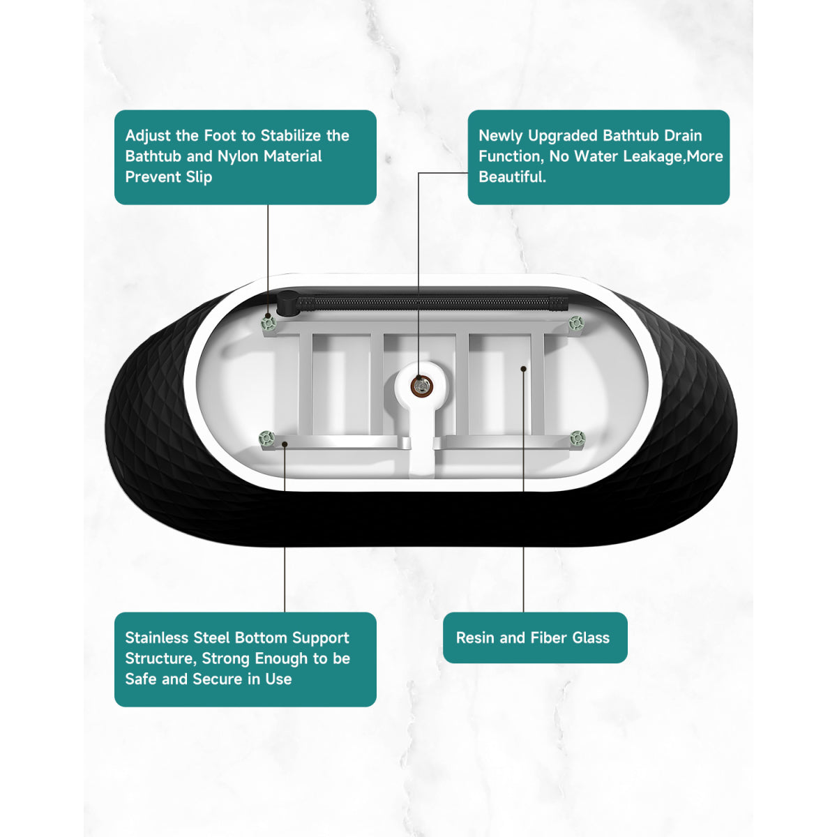 67'' acrylic freestanding bathtub with unique diamond pattern design: spacious oval shape, Black finish, Chrome overflow and pop-up drain CUPC