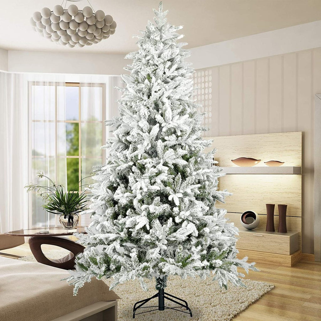 Snow Flocked Christmas Tree 7ft Artificial Hinged Pine Tree with White