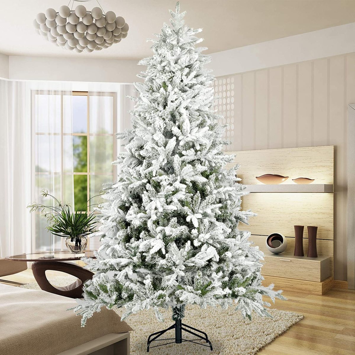 Snow Flocked Christmas Tree 7ft Artificial Hinged Pine Tree with White