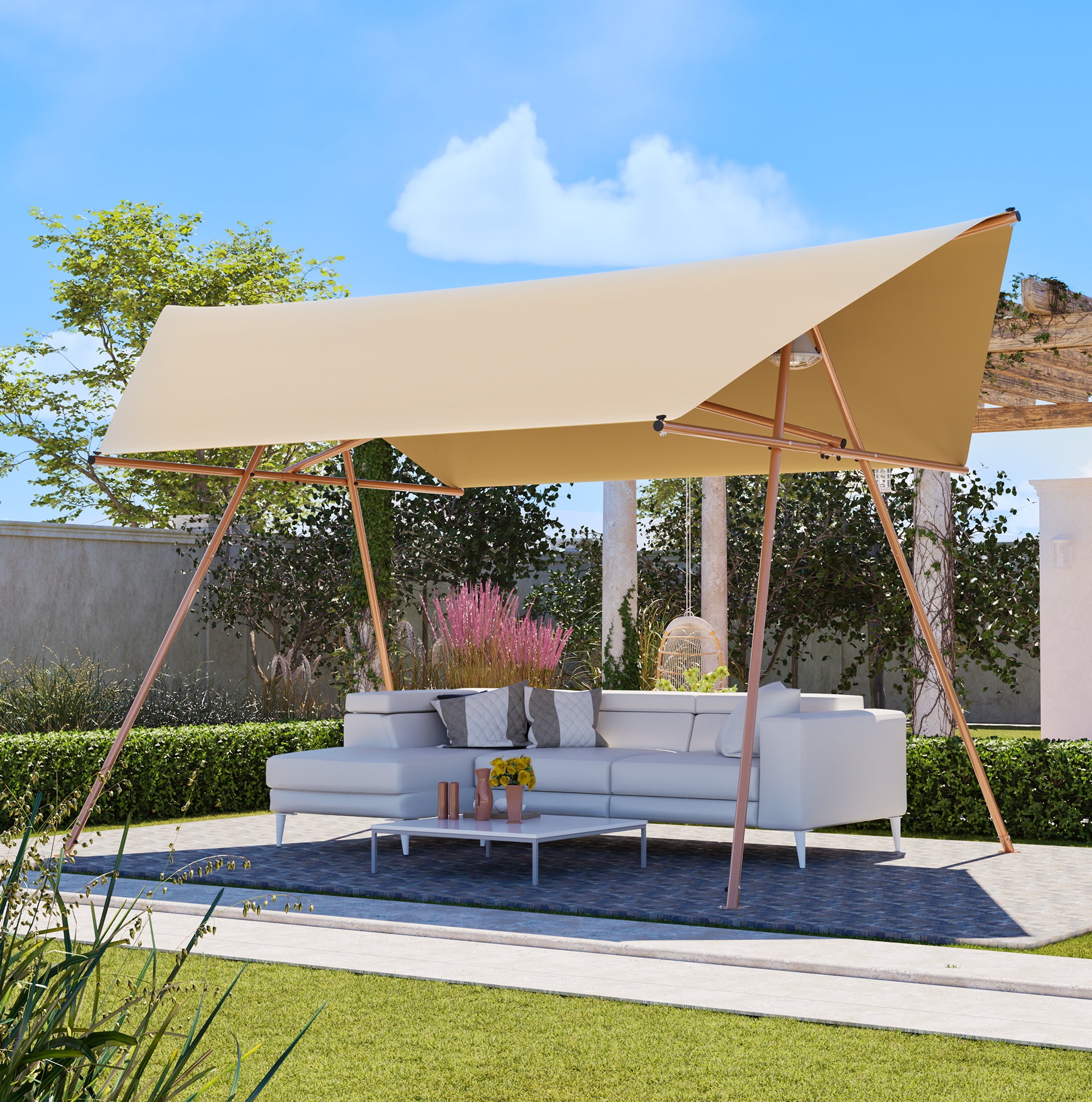 Hexagonal Shade Sail Canopy — UPF50+, Waterproof PU Polyester, 206×118 in, Light Khaki