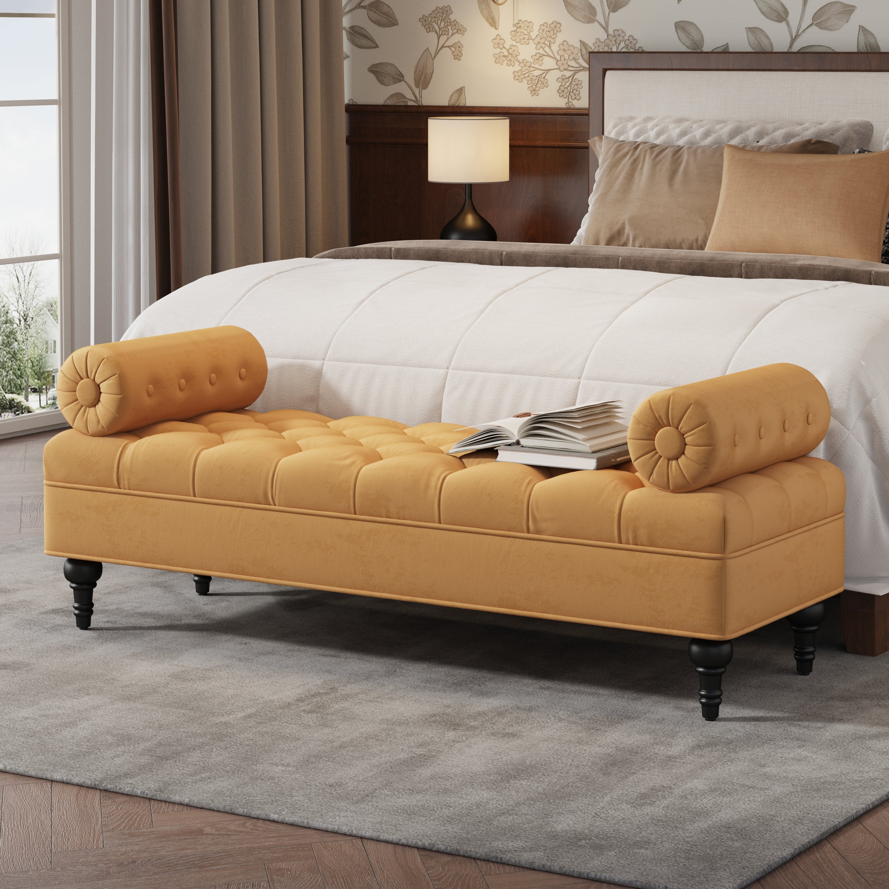 Modern Velvet Bench with Cylindrical Pillows in Yellow