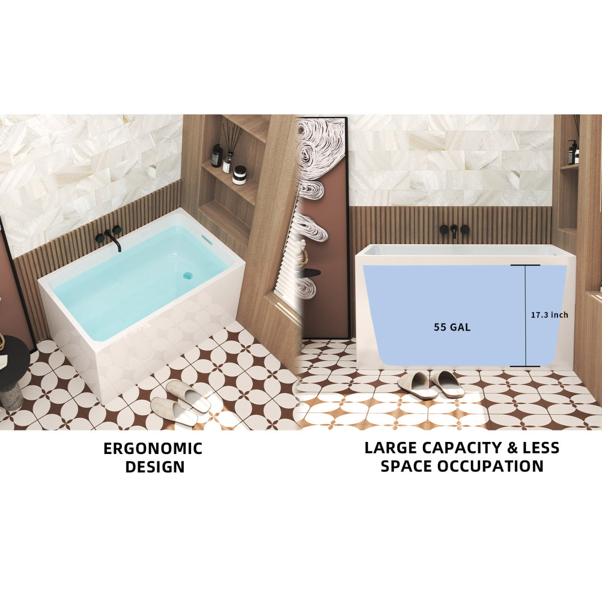 47" Acrylic Freestanding Bathtub ,Spacious rectangle Shape, Gloss White Finish, Chrome Overflow & Pop-Up Drain CUPC Certificate