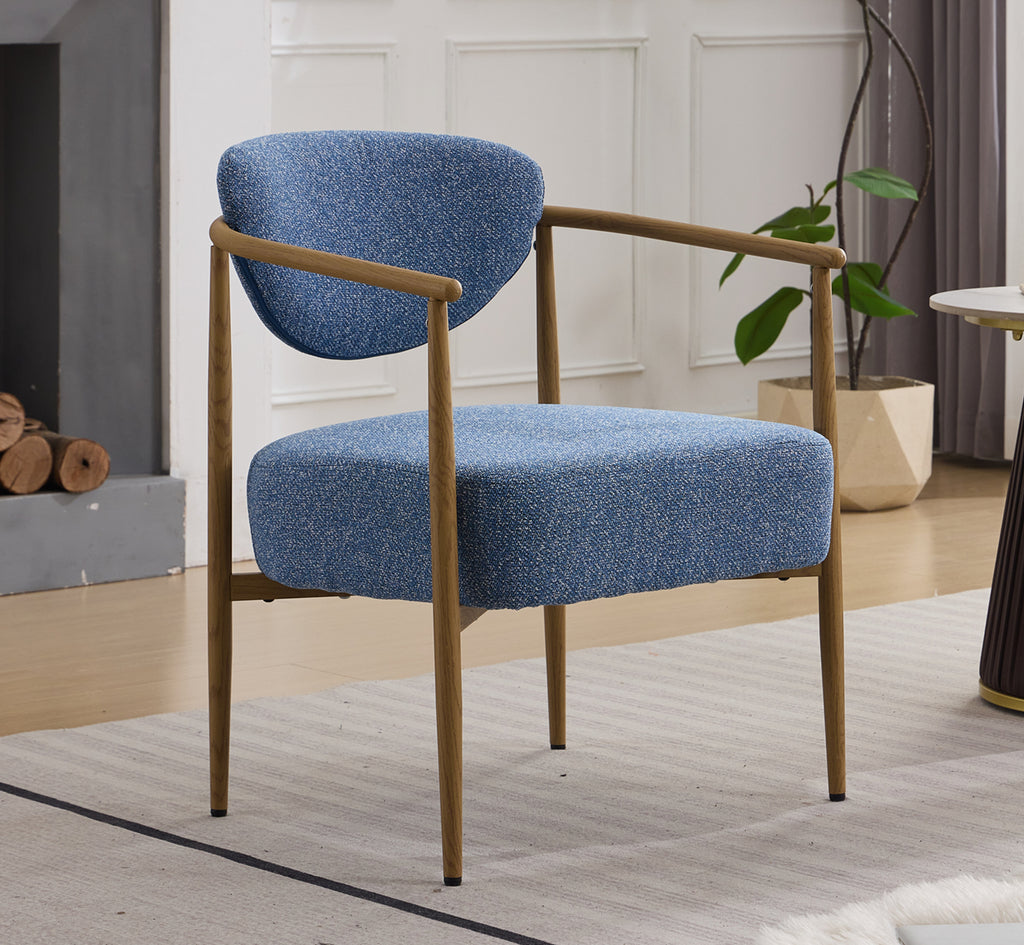 Blue Woven Fabric Accent Chair – Thick Cushion Seat with Wood-Grain Iron Frame for Dining, Living Room & Bedroom