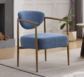 Blue Woven Fabric Accent Chair – Thick Cushion Seat with Wood-Grain Iron Frame for Dining, Living Room & Bedroom