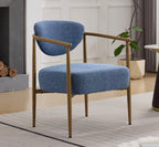 Blue Woven Fabric Accent Chair – Thick Cushion Seat with Wood-Grain Iron Frame for Dining, Living Room & Bedroom