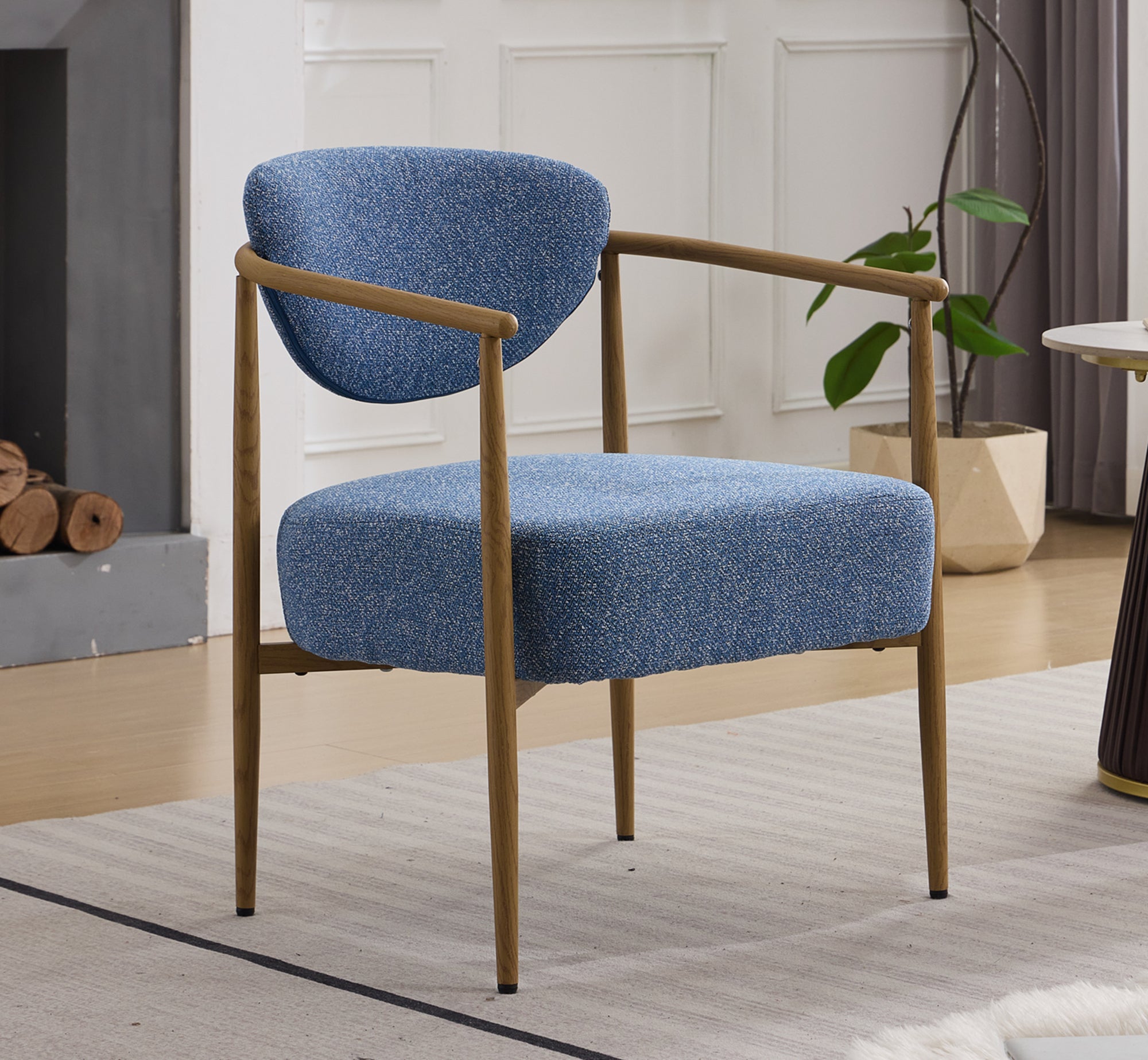 Blue Woven Fabric Accent Chair – Thick Cushion Seat with Wood-Grain Iron Frame for Dining, Living Room & Bedroom