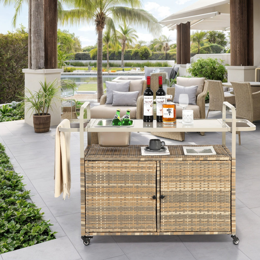 Outdoor Wicker Bar Table Beige - Serving Cart with Ice Bucket & Wheels