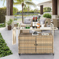 Outdoor Wicker Bar Table Beige - Serving Cart with Ice Bucket & Wheels