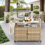 Outdoor Wicker Bar Table Beige - Serving Cart with Ice Bucket & Wheels