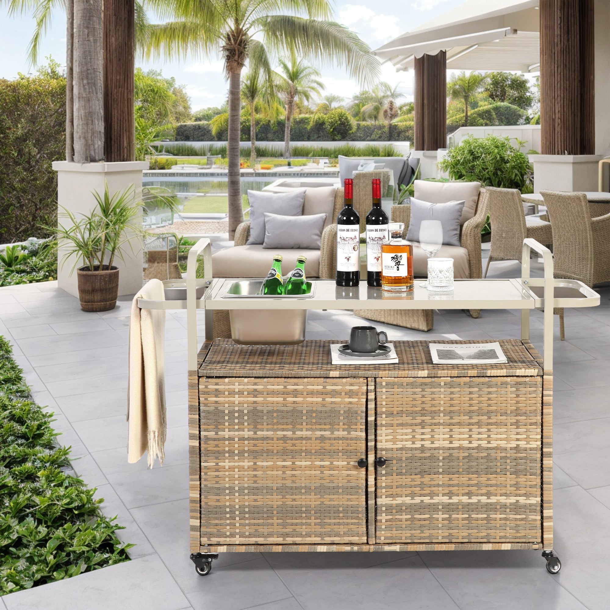 Outdoor Wicker Bar Table Beige - Serving Cart with Ice Bucket & Wheels