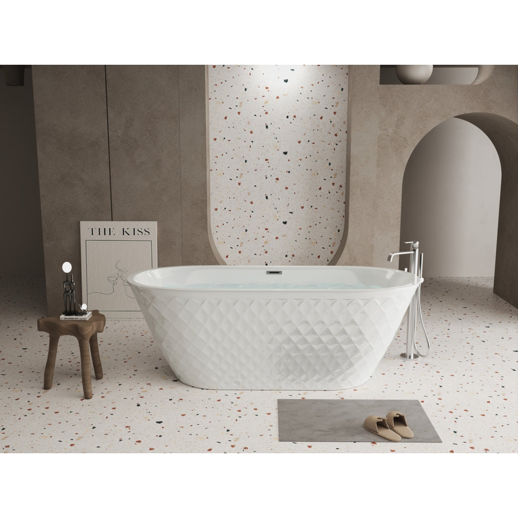 59'' acrylic freestanding bathtub with unique diamond pattern design: spacious oval shape,  Gloss white finish, Chrome overflow and pop-up drain CUPC