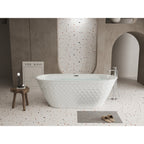 59'' acrylic freestanding bathtub with unique diamond pattern design: spacious oval shape,  Gloss white finish, Chrome overflow and pop-up drain CUPC